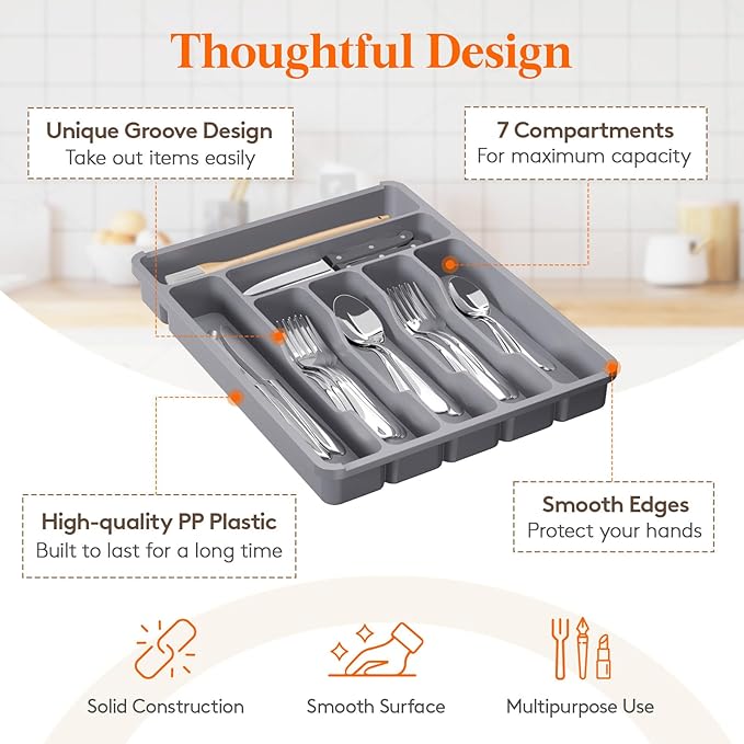 Lifewit Silverware Organizer with Lid, Covered Utensil Tray for Kitchen Drawer and Countertop, Plastic Cutlery and Flatware Storage Box for Spoons Forks Knives Holder Case, 29 x 37cm, Gray