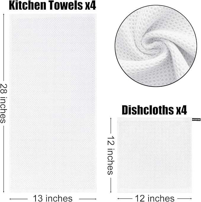 Kitinjoy 100% Cotton Kitchen Towels and Dishcloths Set, 10 Pack-13" x 28" and 12" x 12" Waffle Weave Dish Towels, Ultra Soft Absorbent Quick Drying Dish Rags, White