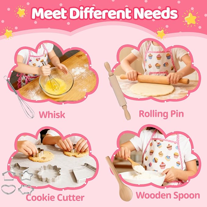 11 PCS Kids Baking Set for Girls, Chef Costume with Adjustable Apron & Hat, Pretend Play Kitchen Toys for Toddlers 3-8, Birthday Xmas Gifts for Little Chefs