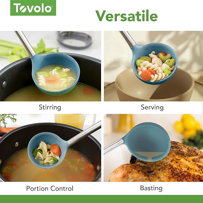 Tovolo Silicone Ladle with Stainless Steel Handle Blue Slate Soup Ladle Large, Dishwasher Safe Heat Resistant BPA Silicone Ladle Deep Spoon with Reinforced Nylon Core for Soup, Stew, Sauce & Punch