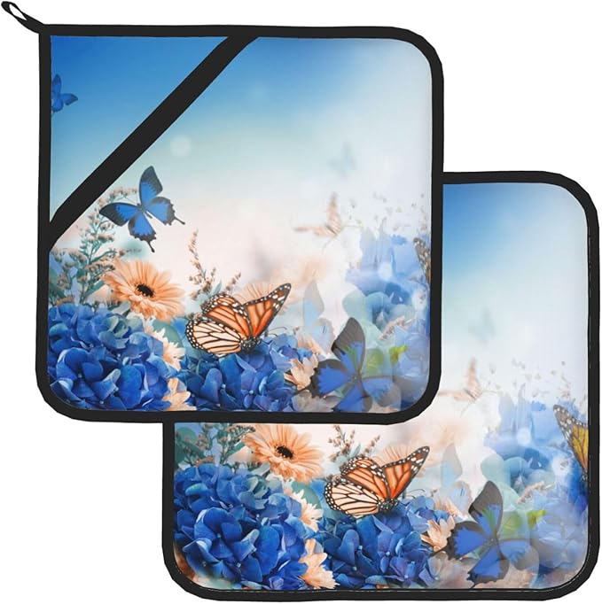 Pot Holders 2PCS Blue Butterfly Flower, Potholder for Kitchen Heat Resistant for BBQ Cooking Baking Food Hot Pat for Women Men Kitchen Wear