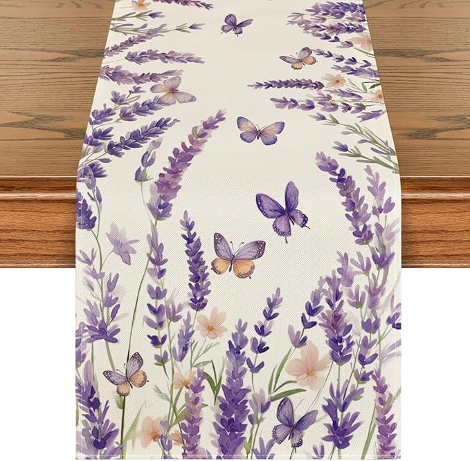 Artoid Mode Purple Lavender Floral Butterflies Spring Table Runner, Seasonal Summer Kitchen Dining Table Decoration for Home Party Decor 13x48 Inch