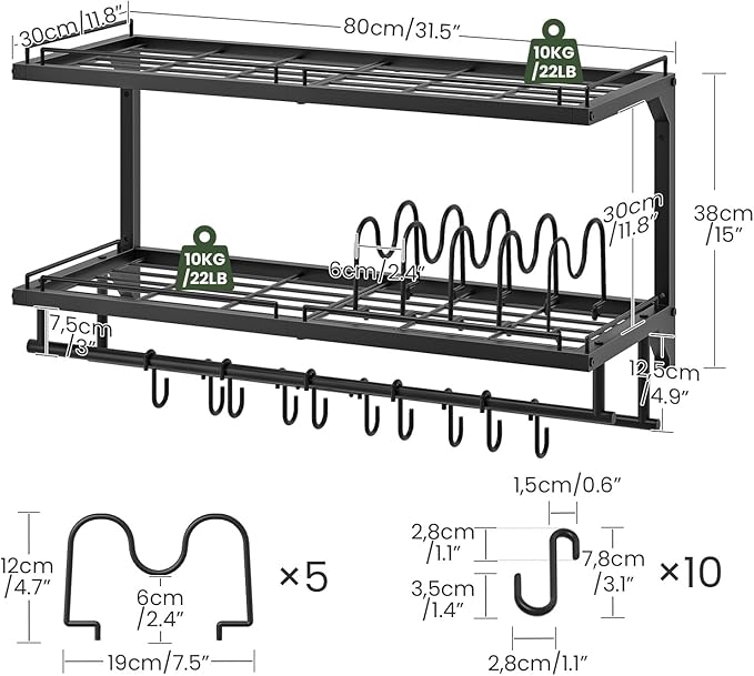 CHOEZON Pot Rack, Wall Mounted Pan Holder, 2-Tier Pot and Pan Organizer, Pot Hanger with 10 S-Shaped Hooks, Cookware Organizer with 5 Removable Metal Wire Dividers, Black TPR35BB