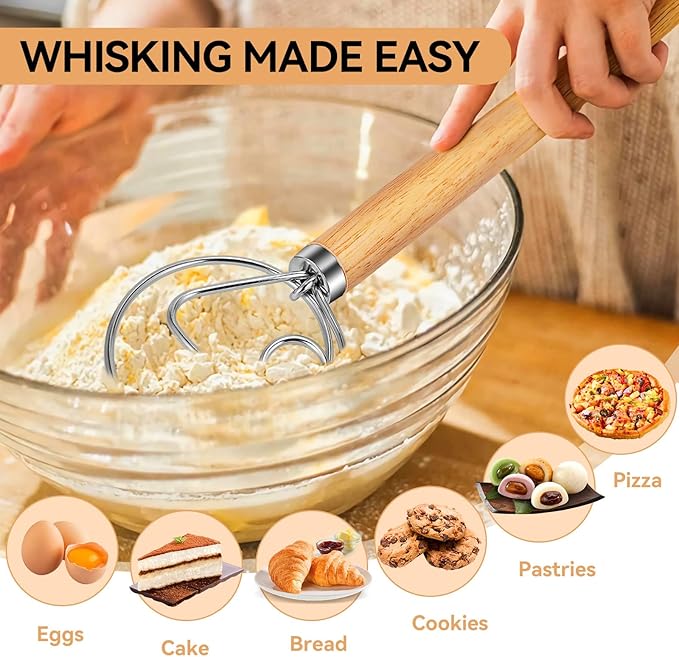 TEEVEA Danish Dough Whisk for Bread Sourdough, Wooden Handle & Stainless Steel Hook