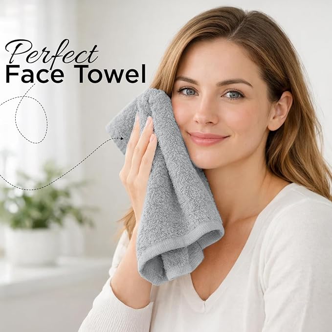 DAN RIVER 12-Pack Premium 100% Cotton Highrise Face Towels for Bathroom - Reusable Face Wash Cloths for Showering 12x12 Inches - 550 GSM Super Soft & Absorbent Luxury WashCloths for Body, Spa & Gym