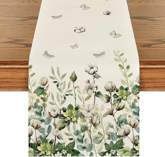 Artoid Mode Cotton Plant Leaf Butterfly 210 GSM Spring Table Runner, Seasonal Summer Kitchen Dining Table Decoration for Home Party Decor 13x60 Inch