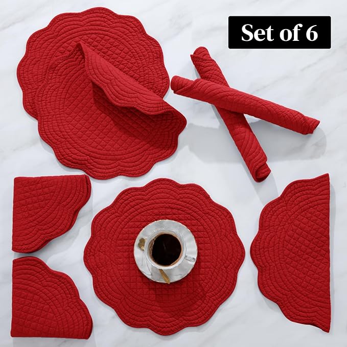 HOMBYS Quilted Placemats Set of 6 Washable Round Placemats for Kitchen Table-100% Cotton Fabric 14 Inch Round Table Mats, Cotton Fabric with Microfiber Filling, (14"x14", Red)