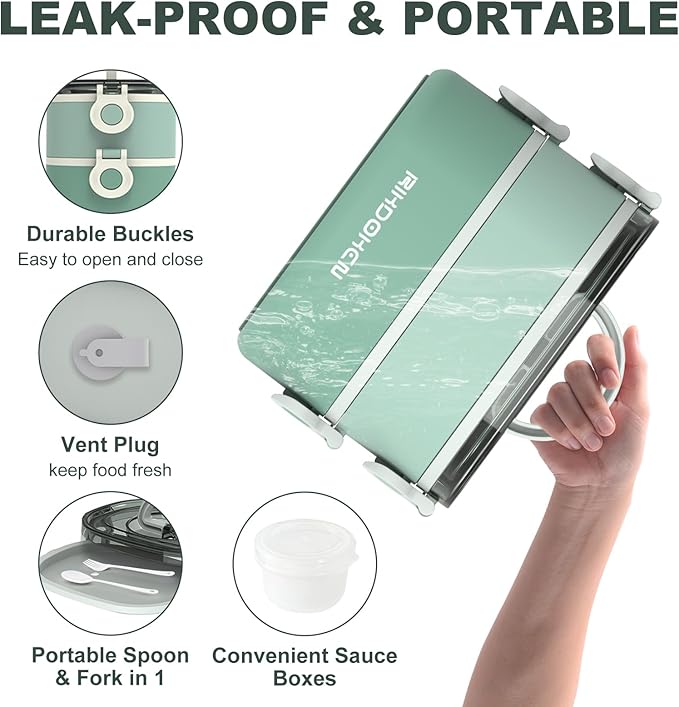 RIKDOKEN Lunch Box, Stackable 2 Layers Containers, Portable 64OZ Large Capacity Leakproof Bento Box with Spoon & Fork & Sauce Boxes, Microwave Safe Lunch Box for Kids and Adults