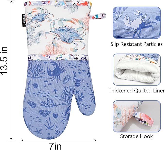 Alselo Oven Mitts, Heat Resistant with Soft Quilted Cotton Lining Set of 2, Fashion Crab Design with Silicone Printing Anti-Slip Kitchen Gloves for Safe Backing Cooking Barbecue (Lilac,Crab)
