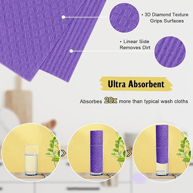 MoLKENE Swedish Dishcloths - 10 Pack Reusable Kitchen Dishcloths - Ultra Absorbent Dish Towels for Washing Dishes - Cellulose Sponge Cloth Cleaning Cloths - Purple