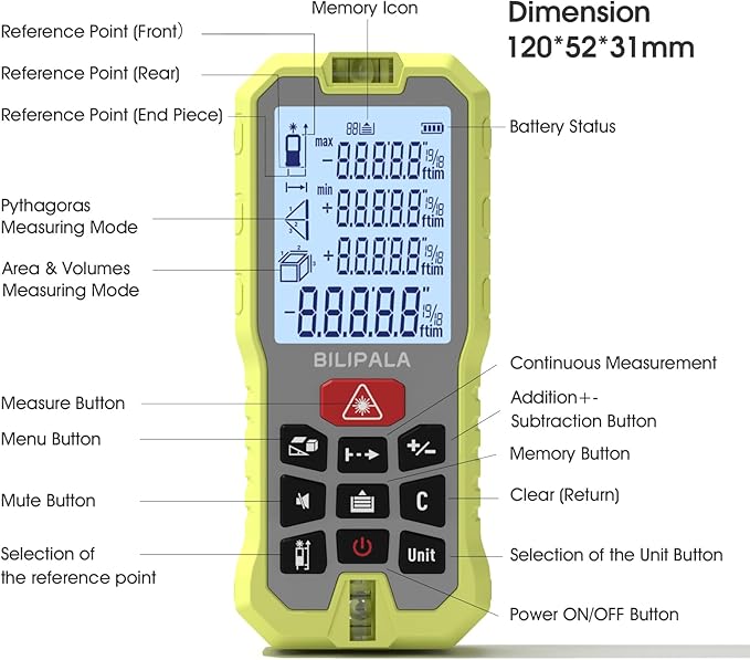 Laser Measure, 165ft Digital Laser Distance Meter with 2 Bubble Levels, 2" Backlit LCD, High Precision Laser Measuring Tool,Area Measurement,Volume and Pythagoras, Mute, Battery Included