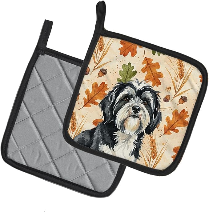 Caroline's Treasures Black and White Tibetan Terrier Heirloom Fall Pair of Pot Holders Pair 7.5x7.5 Quilted Insulated Hot Pads Decorative Kitchen Gift Made in USA