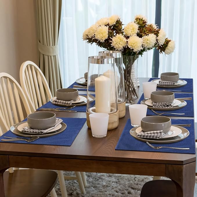 Sieral 12 Set Cloth Placemats Rectangle Dining Table Placemat Bulk 13 x 19 Inch Machine Washable Heat Resistant Cotton Linen Table Mats for Wedding Birthday Party Supplies(Dark Blue)