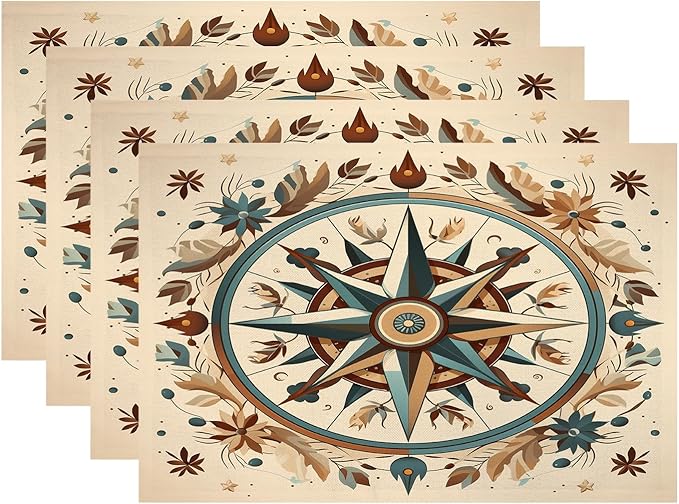 Batmerry Compass Rose Placemats, Floral Themed Design Washable Linen Table Mats for Kitchen Table Double Insulation Decor Dining Set Indoor Outdoor 12X18 in Set of 4