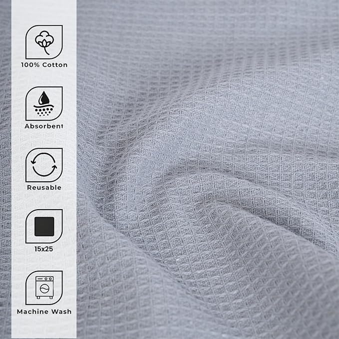 Blue Needles Waffle Weave Kitchen Towels, 15x25 Inches 100% Cotton Set of 6 Dish Towels for Kitchen, Ultra Soft & Absorbent with Hanging Loop, Spring Summer Dish Rags for Quick Drying - Ash Grey
