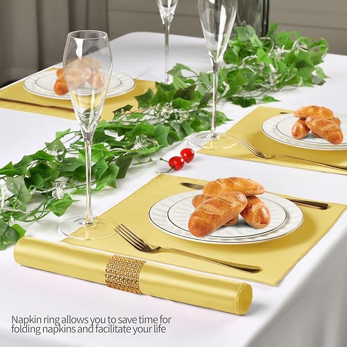 100 Pack Gold Satin Napkins and Napkin Rings Set, 12 x 12 Inch Silky Soft Cloth Napkins Set of 50, Square Satin Dinner Table Napkins Bulk for Wedding Banquet Graduation Party Decoration