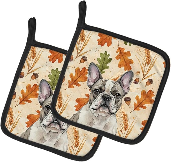 Caroline's Treasures Pied French Bulldog Heirloom Fall Pair of Pot Holders Pair 7.5x7.5 Quilted Insulated Hot Pads Decorative Kitchen Gift Made in USA