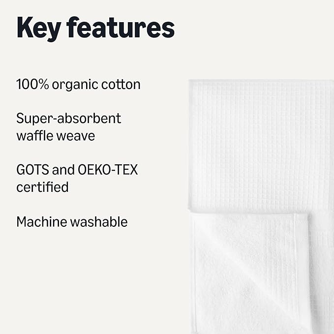 Amazon Basics Organic Cotton Waffle Weave Kitchen Dish Towels, Ultra Absorbent, Quick Drying, Lint-Free, 15 x 25 inches, 6-Pack