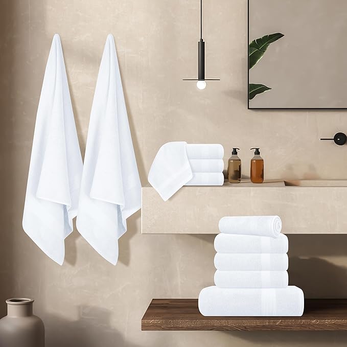 GLAMBURG Ultra Soft 24-Piece Towel Set - 100% Pure Ringspun Cotton, Contains 8 Oversized Bath Towels 27x54, 8 Hand Towels 16x28, 8 Wash Cloths 13x13 - Ideal for Everyday use, Hotel & Spa - White