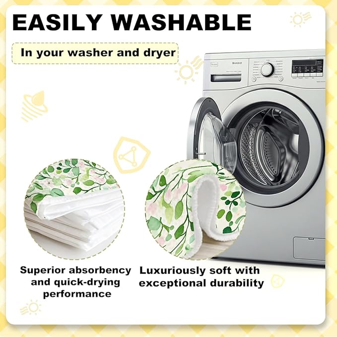 3 Pcs Watercolor Flower Checkered Kitchen Towels, Spring Summer Plant Decorative Absorbent Microfiber Dish Cloth Tea Towel, Aesthetic Waffle Soft Hand Towels for Farmhouse Home Bathroom