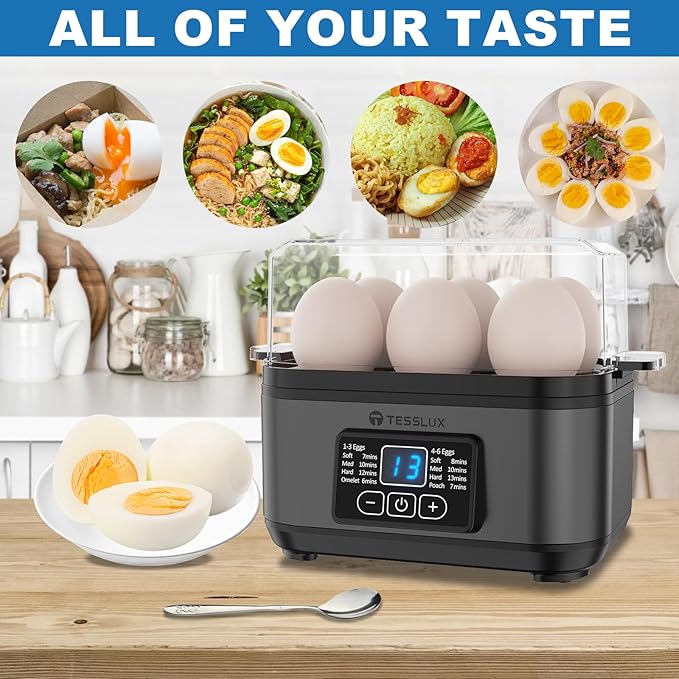 Tesslux Electric Rapid Egg Cooker, 6 Egg Capacity for Hard Boiled Eggs, Poached Eggs, Scrambled Eggs, or Omelets Maker with Auto Shut Off (Gray)