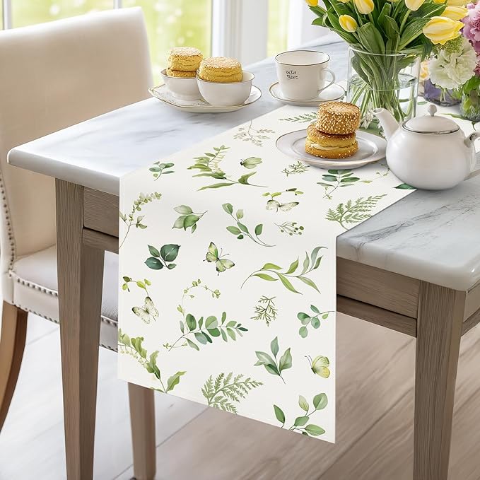 Bonhause Green Eucalyptus Leaves Table Runner 13x90 Inch Greenery Spring Plants Butterfly Seasonal Summer Kitchen Dining Table Decoration for Indoor Outdoor Home Party Decor