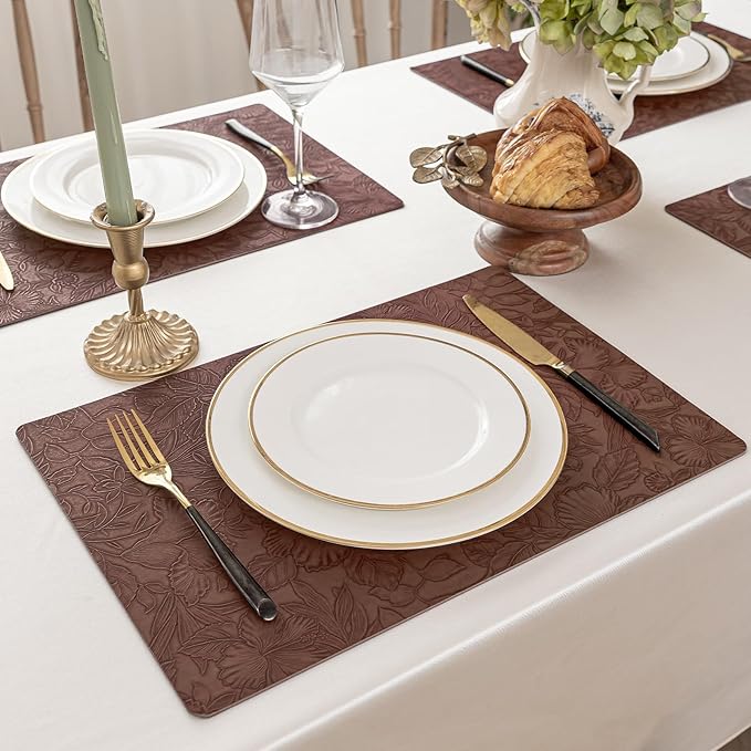 Romanstile Vinyl Placemats Set of 8-12 X 17 Inch - Heat Resistant Non-Slip Embossed Floral Place Mats 100% Waterproof Oilproof Wipeable Faux Leather Table Mats for Kitchen/Dining/Party, Brown