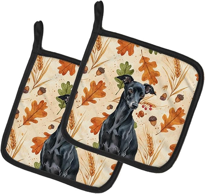 Caroline's Treasures Black Italian Greyhound Heirloom Fall Pair of Pot Holders Pair 7.5x7.5 Quilted Insulated Hot Pads Decorative Kitchen Gift Made in USA