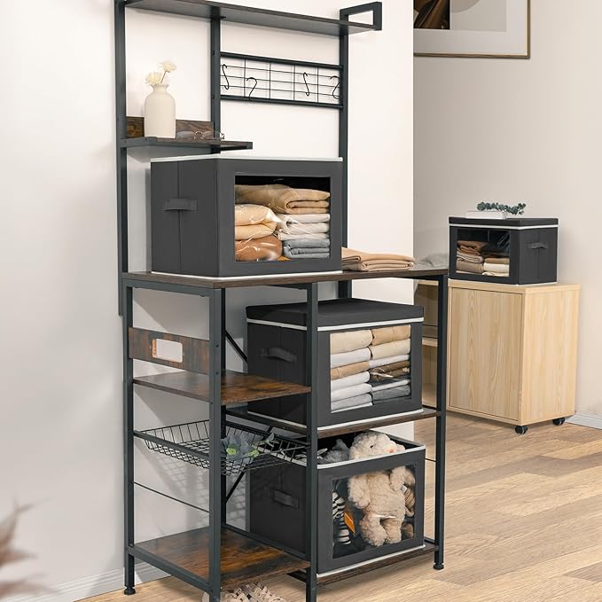 Homsorout Stackable Storage Bins with Lids - Large Storage Box with Lids, Foldable Closet Boxes for Organizing, Wardrobe Clothes Organizer with Window, Cubes Bins for Living Room, 3 Pack, Dark Grey