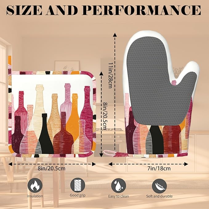 Red Wine Bottle Oven Mitts and Pot Holders Sets Non-Slip Silicone Surface for BBQ Gloves,Kitchen,Cooking,Baking,Grilling