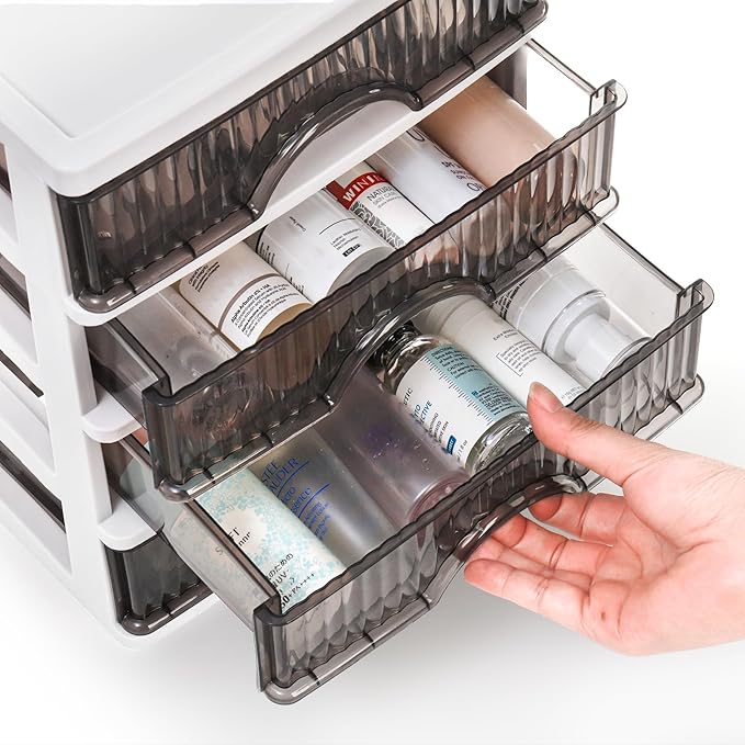 WRINGKIT Desk Organizer with 4 Drawers, Plastic Desk Storage Box, Desktop Storage Unit for Office Home Art Supplies, Bathroom, Countertop, Study, Makeup Stationary Organizer