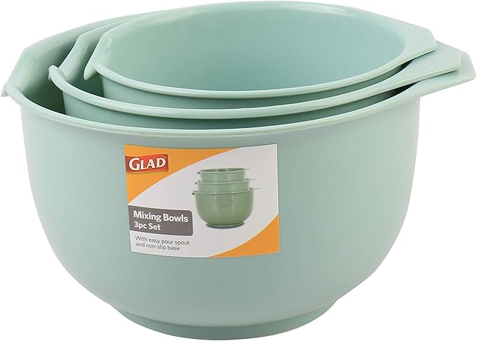 Glad Mixing Bowls with Pour Spout, Set of 3 | Nesting Design Saves Space | Non-Slip, BPA Free, Dishwasher Safe Plastic | Kitchen Cooking and Baking Supplies, Sage Green