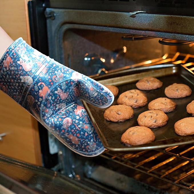 Oven Mitts Set of 2 with Transparent Clear Silicone Shell and Nice cat Printing Cotton Lining, Heat Resistant to 500 F Kitchen Oven Gloves Pot Holder for Cooking (Navy, Cat, Oven Mitts)