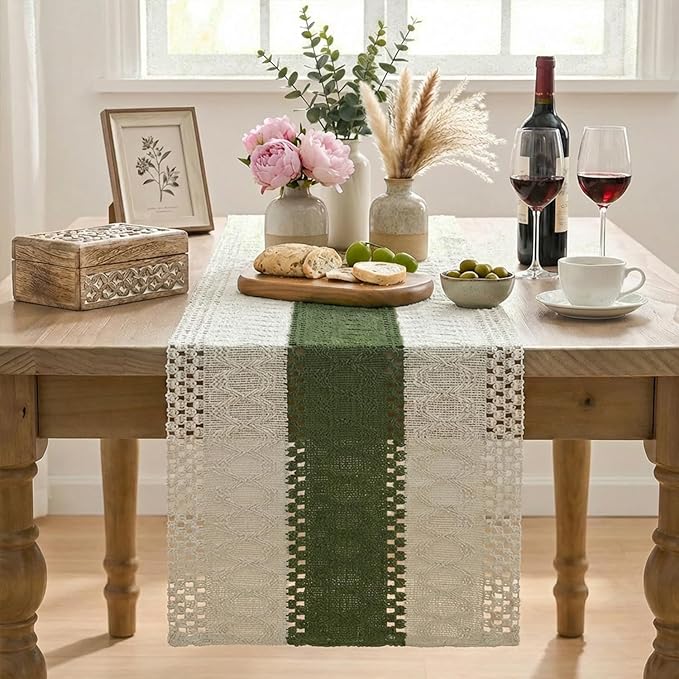 Artoid Mode Army Green Farmhouse Rustic Table Runner, Seasonal Holiday Hollow Kitchen Dining Table Decoration for Home Party Decor 12x120 Inch