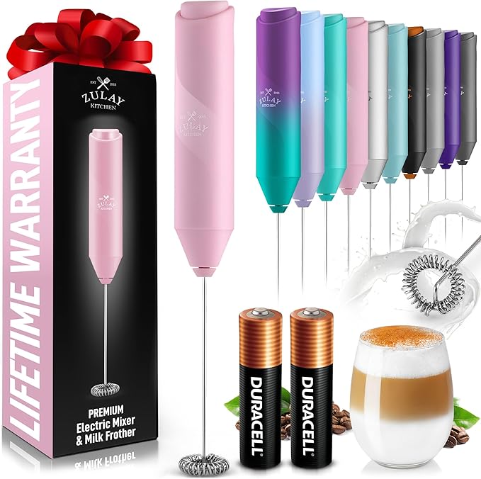 Zulay Kitchen Powerful Milk Frother AA Batteries Included – Ultra Fast Handheld Drink Mixer with Stainless Steel Whisk Stirrer for Coffee, Protein, Matcha & More, Frother Wand Electric Frothmate