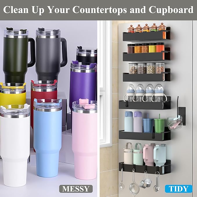 HuggieGems Magnetic Water Bottle Holder for Refrigerator, Cup Holder Organizer for Stanley and Tumbler for Kitchen, 6 Pack, Black