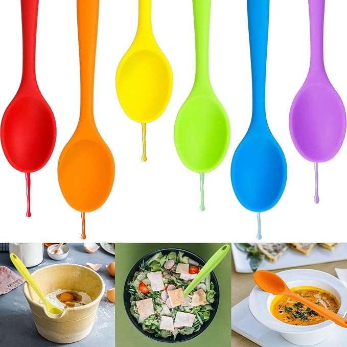 Beieverluck 6 Pack Large Silicone Cooking Spoons 10.8'' Heat Resistant Kitchen Spoons for Cooking Silicone Serving Stirring Mixing Spoons, 6 Colors