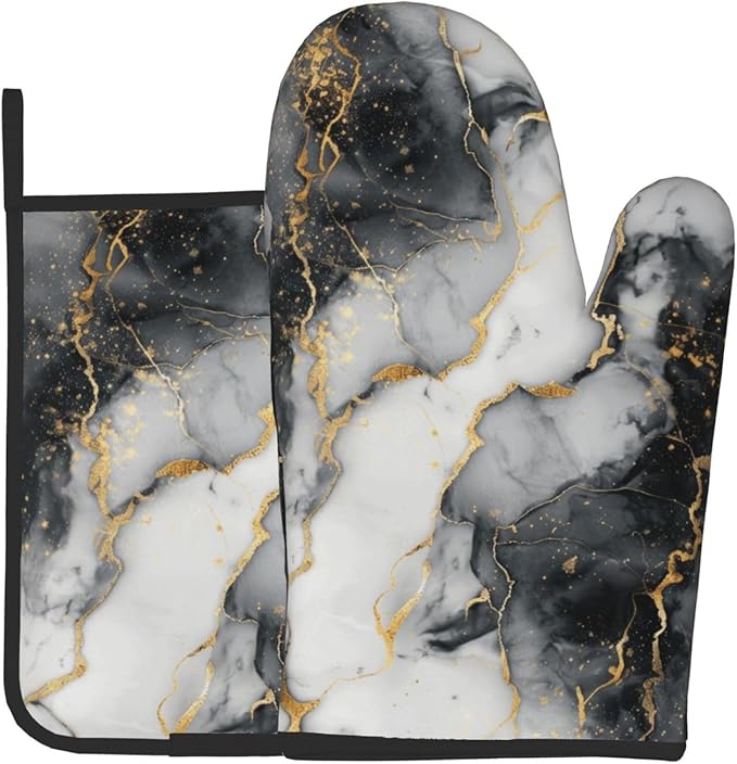 Black and White Marble Oven Mitts and Pot Holders Golden Texture Heat Resistant Oven Mitts Safe for Baking Cooking BBQ