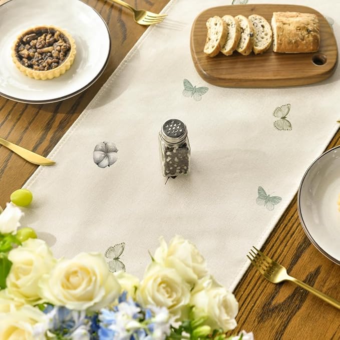Artoid Mode Cotton Plant Leaf Butterfly 210 GSM Spring Table Runner, Seasonal Summer Kitchen Dining Table Decoration for Home Party Decor 13x36 Inch