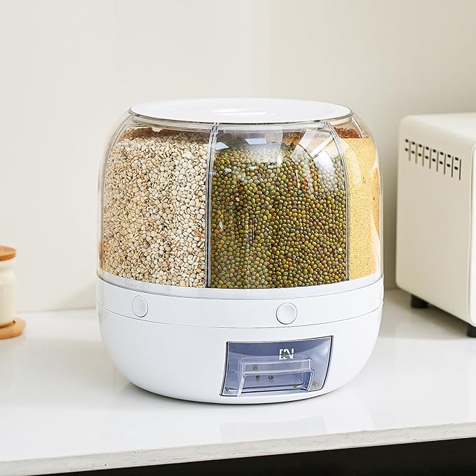 Rice Dispenser | 360° Rotating Grain Storage Bin - 6 Grids, 10LBS Large Capacity Food Container, Moisture-Proof, One-Click Output for Rice, Beans & Pet Food - Kitchen Pantry Organizer (White)