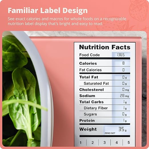 Greater Goods Digital Nutrition Scale – Accurate Macro and Calorie Tracking for Meal Prep, Weight Loss, and Healthy Eating | 2,000 Built-in Foods, Intuitive Nutrition Label Display, 11lb Cap, Pink