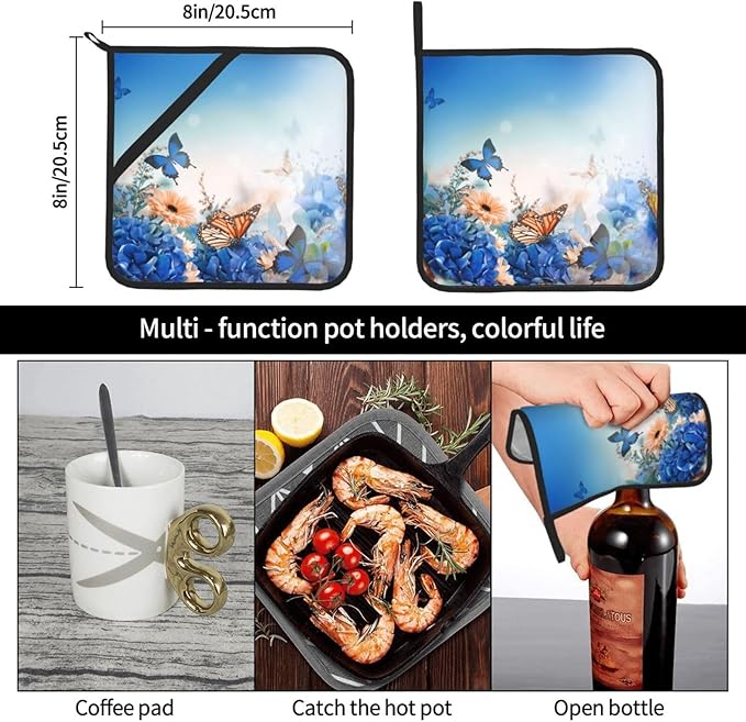 Pot Holders 2PCS Blue Butterfly Flower, Potholder for Kitchen Heat Resistant for BBQ Cooking Baking Food Hot Pat for Women Men Kitchen Wear