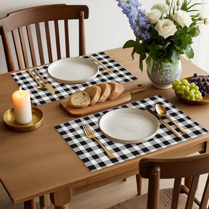 Black and White Placemats Set of 4, Buffalo Plaid Linen Placemats 12x18 Inch, Washable Heat Resistant Wipeable Table Mats for Outdoor Home Party Kitchen Dining Table,Black and White Linen Place mats