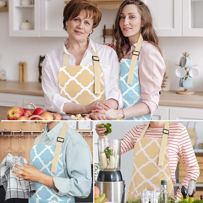 2 Pieces Aprons for Women with Pockets, Cotton Linen Waterproof Kitchen Cooking Aprons, Chef Apronfor Men Women with Adjustable Neck Strap and Long Ties(Blue/Yellow)