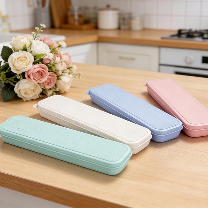 Travel Cutlery Case Portable Utensil Holder Travel Silverware Case Flatware Storage Box Camping Utensils Cases for Fork Spoon Chopsticks Lunch Box, 8.26 x 2.1 Inches (Beige, Green, Small)