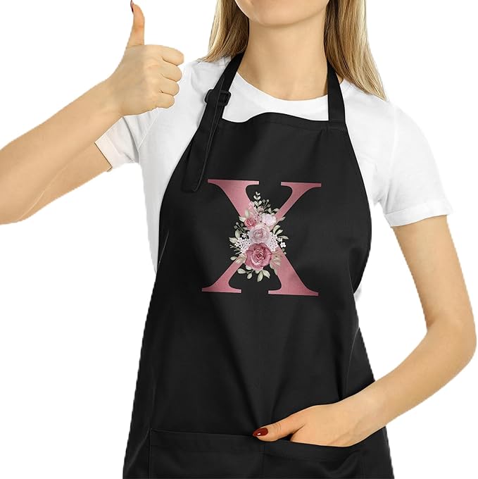 ROKO CLOTHING Personalized Initials Apron with Pockets Custom Kitchen Aprons Women for Baking Cooking Adjustable Neck Waist