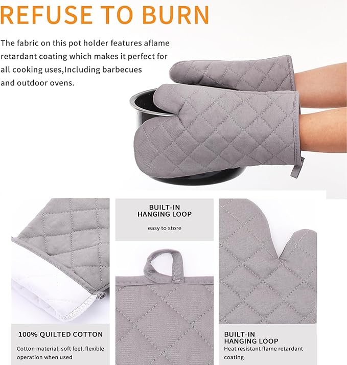 Oven Mitts and Pot Holders Sets,6 Pcs Oven Mitts and Potholders with Recycled Cotton High Heat Resistant Extra Thick Long Oven Mitts for Cooking(Gray)