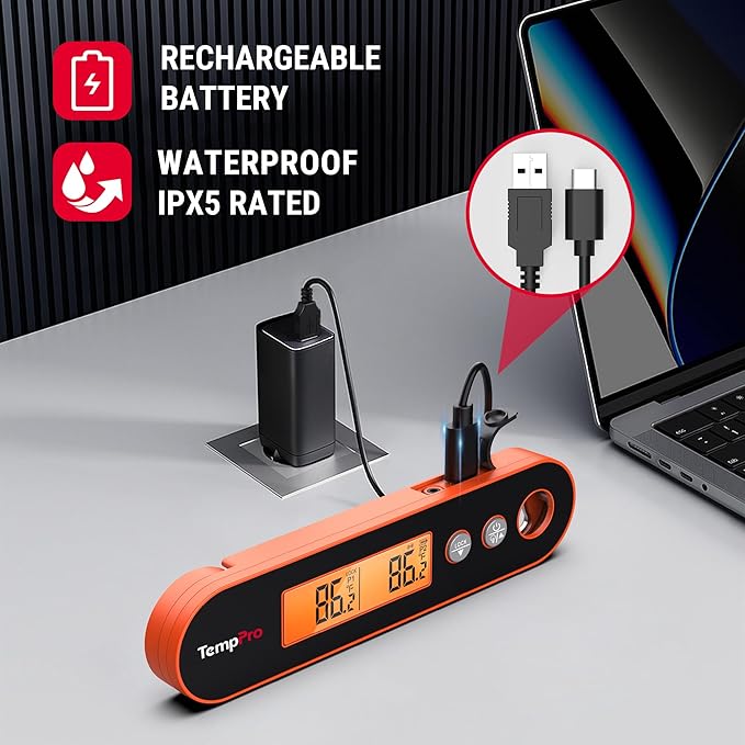 TempPro TP610W Rechargeable Instant Read Thermometer for Cooking, Stainless Steel Meat Thermometer Digital with Alarm, Waterproof Cooking Thermometer for Grill, Smoker, BBQ (Previously ThermoPro)