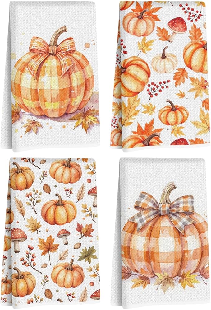 4 Pcs Fall Pumpkin Decor Kitchen Towels, Plaid Pumpkin Soft Absorbent Tea Hand Towel, Microfiber Dish Cloths for Drying Dishes, Waffle Dish Towels Fall Gifts for Kitchen Bathroom Home Decor