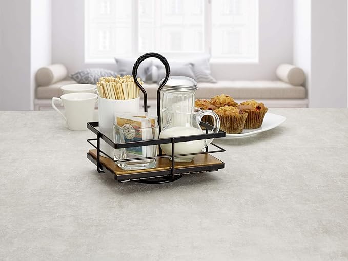 Gourmet Basics by Mikasa Nova Rotating Condiment Caddy, Handcrafted Iron and Acacia Wood Table Organizer with Spinning Platform and Carrying Handle, Contemporary Black Finish, 8.75 x 7 x 9.25 Inches